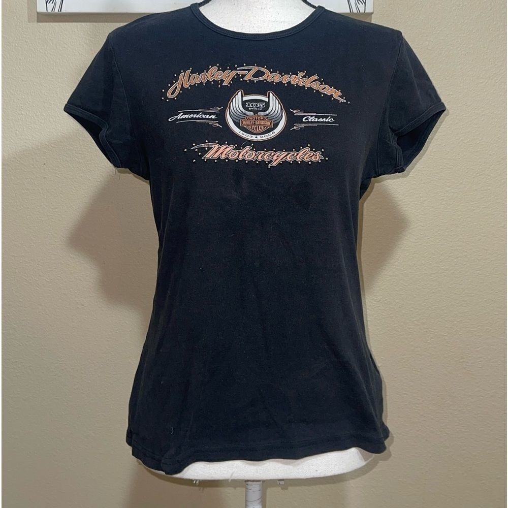 💜 HARLEY-DAVIDSON Ladies Black 105th Anniversary Short Sleeve Tee Shirt Large